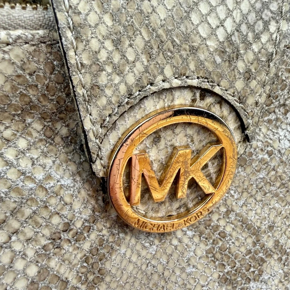 Michael Kors Snakeskin Embossed Leather Crossbody Bag Gold MK Logo Beige Tan